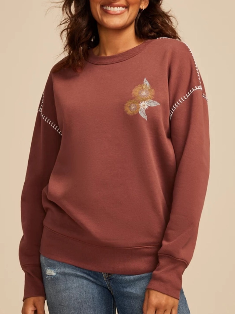 MAURICES Whipstitch embroidered relaxed, fit sweatshirt *rust*